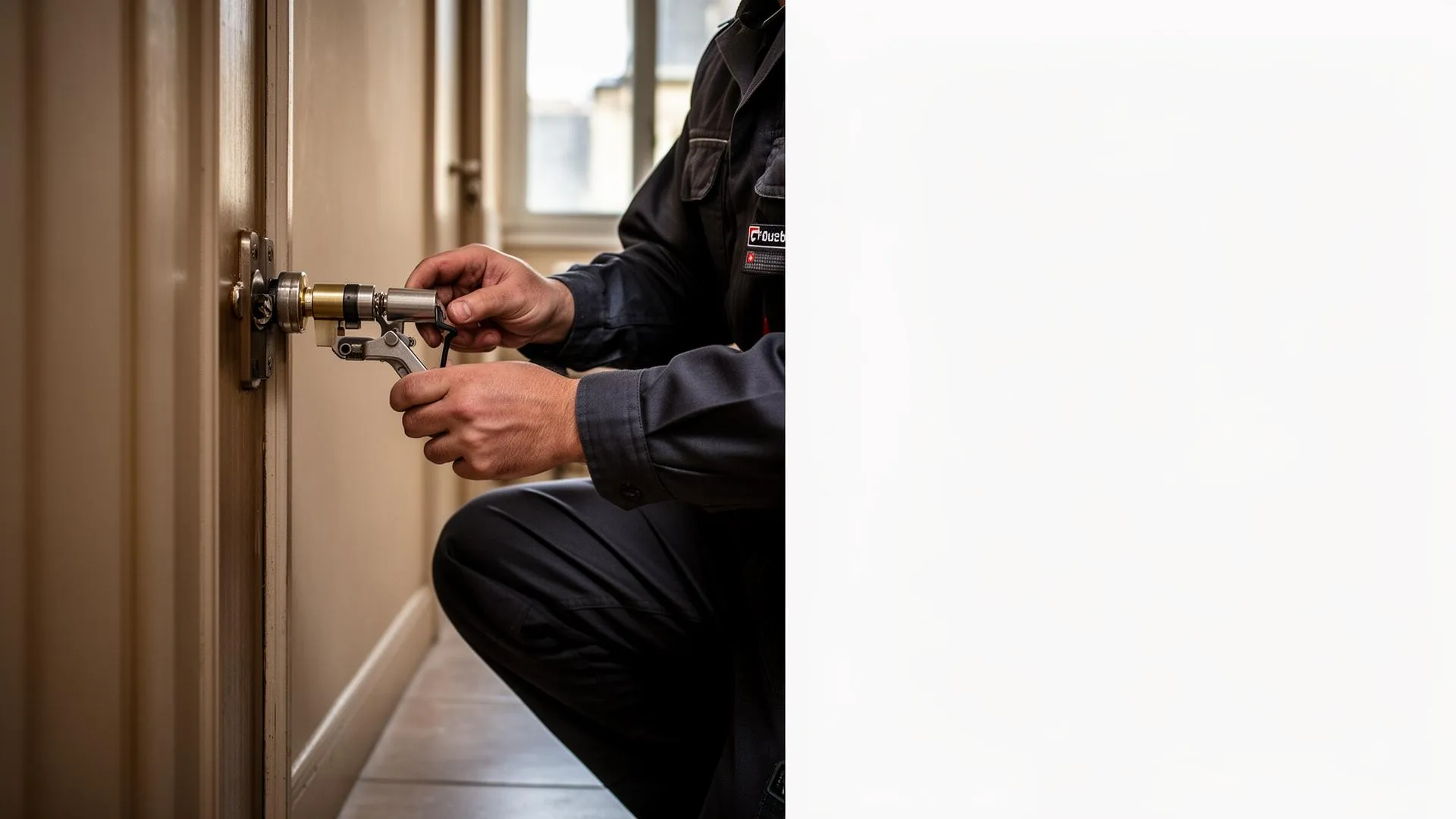 Serrurier en intervention sur un cylindre de porte dans un immeuble dijonnais